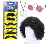 4PCS Complete Hippie Costume Set for Men - Funky Afro Wig Peace Medallion Sunglasses Moustache for 60s/70s Parties Halloween