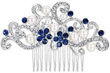 EVER FAITH Wedding Hair Side Comb Accessories, Blue Austrian Crystal Cream Simulated Pearl Floral Vine Bridal Hair Piece for Women