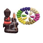 NYRWANA Incense Burner Smoke Waterfall Backflow Holder Ceramics Porcelain Buddha Little Monk Smoke Fountain with 30 Backflow Incense Cones (Red)(Conical)