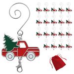 BANBERRY DESIGNS Red Truck Christmas Ornament Hook with S-Hook and Lobster Claw - Set of 20 - Enameled Red Truck with Green Tree & White Wheels - Xmas Accessories & Accents for Hanging Ornaments