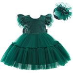 R Cube Satin & Butterfly Net Fit & Flare Layeredred Princess Sequins Ball Dress(Bottle Green,6-7 Years)