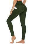 CAMPSNAIL Leggings for Women with Side Pockets High Waisted Gym Yoga Sports Running Stretchy Leggings Soft Opaque Tummy Control Workout Pants Ladies (Green，S-M)