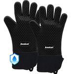 Anaeat Oven Mitts, Heat Resistant BBQ Grilling Gloves, Waterproof Silicone Kitchen Gloves Non-Slip Potholder with Thick Long Protection & 100% Cotton Lining for Barbecue, Cooking, Baking (Black)