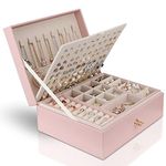 Chelory Jewelry Box Large Jewelry Organizer Case for Women Girls Earrings Necklace Bracelets Rings, 3 Layer PU Leather Lockable Jewelry Storage Holder with Removable Tray, Pink