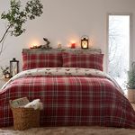 Dreams & Drapes Lodge - Derwent Check - 100% Brushed Cotton Duvet Cover Set - 3pcs King Bed Size in Natural, Red