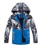 LAUSONS Boys Waterproof Jacket Kids Coat Camo Girls Lightweight Windbreaker Outdoor Fleece Raincoat with Hood Grey Lable 160/12-13 Years