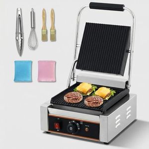 YS-811C 1800W Commercial Panini Press & Electric Grill, 9x9 Inch Sandwich Maker with 6-Temp Control, 110V Indoor Grill for Burgers, Panini, Breakfast, Silver