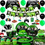 Video Game Birthday Party Decorations for Boys,194pcs Gamer Birthday Decorations Tableware Set, Video Game Plates Cups Napkins Tablecloth Balloons Banner Swirl etc Green Gamer Gaming Party Supplies