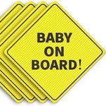 ASSURED SIGNS Baby On Board Sticker Sign - Essential for Cars - 5" by 5" - 4 Pack - Bright Yellow and SEE-THROUGH when Reversing - Best Safety Signs - Non-Magnetic Sticker - Durable and Strong Adhesive