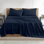 Rajlinen Full Bunk Size Sheet Set 600-Thread-Count Egyptian Cotton 4 Piece Sheet Set, Super Soft, Breathable Cooling Sheets with 15" Deep Pocket Full Bunk 42x80 Sheets, Navy Blue Stripe