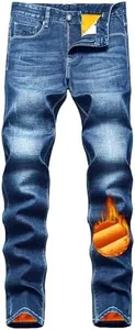 Qazel Vorrlon Men's Fleece Lined Jeans for Men Winter Warm Flannel Lined Jeans Mens Skinny Slim Fit Stretch Denim Pants Light Blue, Size 34