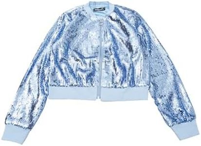 Allegra K Women's Sequin Long Sleeve Zipper Up Christmas Party Collarless Bomber Glitter Sparkly Jacket Sky Blue X-Large