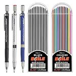 CYH Mechanical Pencil Kit 2 mm, 3 Pieces Mechanical Pencil Set Blue, Black and Silver, 24 Pieces Coloured Leads and Black for Drawing Project Writing Making Artistic Drawing