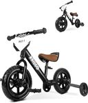 KRIDDO 2-in-1 Kids Tricycle and Toddler Balance Bike 2 Year Old, Detachable Pedals and Stowable Training Wheels, DIY Plate, Riding Trikes Toy for Ages 18 Months to 3 Years, Black