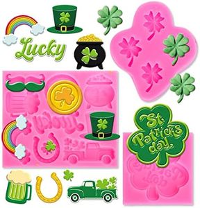 Whaline 3Pcs St. Patrick's Day Fondant Molds Shamrock Hat 3D Silicone Moulds Lucky Clover Coin Pot Truck Beer Pattern Resin Molds Cupcake Cookie Baking Decorating Moulds for Irish Holiday DIY Candy