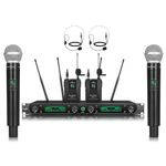 MicrocQueen UHF Wireless Microphone System, 4-Channel Cordless Mic Set with Handheld/Bodypack/Headset/Lapel, Metal Build, Fixed Frequency, 400ft Coverage, Ideal for Karaoke/Party/Wedding/Concert