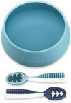 NumNum Suction Bowl + Pre-Spoon GOOtensils Self Feeding Set for Babies & Toddlers | Baby Spoon Set (Stage 1+ 2) | 100% Food Grade Silicone BPA-Free | Strong Suction | 4 months+ (Blue/Navy)