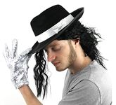 ILOVEFANCYDRESS® JACKO FANCY DRESS ACCESSORY SET TRILBY FEDORA HAT WITH BLACK WIG AND SEQUIN GLOVE (BLACK HAT WITH WHITE BAND)