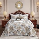 CHIXIN Oversized Queen Bedspread - European Damask Paisley Pattern - Classic & Gorgeous Bedding Cover, Lightweight, 4 Piece, 100% Microfiber, White/Khaki/Grey