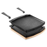 Cast Iron Reversible Grill Plate with Removable Handles - Square Griddle Skillet for Stove Top, Flat & Grill Side, Oven Safe, Includes Wood Base