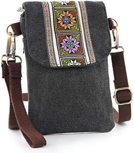 Vintage Embroidered Canvas Small Flip Crossbody Bag Cell Phone Pouch for Women Wristlet Wallet Bag Coin Purse (Dark Grey 02)