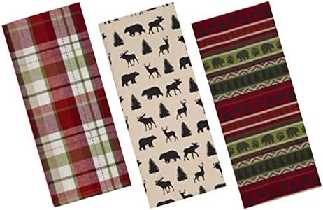 3 Cabin Lodge Themed Decorative Cotton Kitchen Towels Set | 2 Towels with Bear, Moose, Deer, Pine Trees, Paw Print and 1 Plaid Towel for Dish and Hand Drying