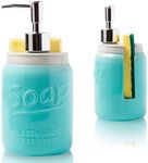 Mason Jar Kitchen Soap Dispenser & Sponge Holder - Sink Organizer - 14oz Kitchen Counter Liquid Soap Dispenser with Stainless Steel Pump, Blue Ceramic Soap Holder w/Free Sponge
