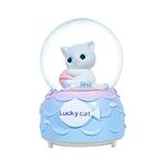 Lucky Cat Musical Snow Globe for Kids, 80MM Animal Resin/Glass Snow Globe with Color Changed Lights for Home Decor & Shelf Decorations (B#)