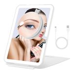 Rechargeable Travel Makeup Mirror with Lights, Portable Lighted Vanity Mirror with 10X Magnification, 70 LEDs 3 Color Lights, Touch Tabletop Folding Compact Cosmetic Mirror White