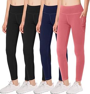 MIRITY Girls Athletic Leggings with Pockets - Kids Dance Workout Yoga Running Tights (Pack of 4), Black/Black/Navy/Pink, Medium