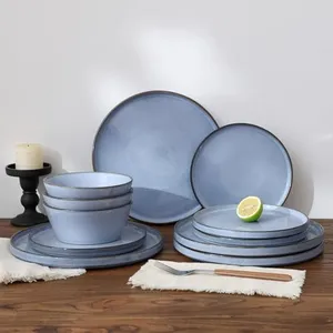 Famiware Annecy Plates and Bowls Sets, Stoneware Dinnerware Sets for 4, 12 Pieces Dish Set with Lipped Edges, Chip and Scratch Resistant, Microwave and Dishwasher Safe, Reactive Blue