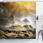 ABAKUHAUS Egyptian Shower Curtain, Storm Clouds over Pyramids Photo of Culture Eastern Art, Cloth Fabric Bathroom Decor Set with Hooks, 78 Inches, Cream Orange