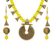 JFL - Jewellery for Less fashion Handcrafted Gold Oxidized Combo of 2 Earrings and Beaded Necklace set with Adjustable Thread (Yellow),Valentine