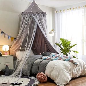 VETHIN Bed Canopy for Kids with Lights,Double Layer Princess Round Dome Children Dreamy Mosquito Net Bedding Girls Room Castle Play Tent Hanging House Decor Reading Nook Canopies(Gray/White)