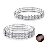 LucBuy 2PCS Rhinestone Stretch Bracelets, Twinkle Diamond Tennis Bangle,Silver Crystal Sparkling Bridal Stackable Bracelet Jewelry,Bling Shining Wedding Party Elastic Band Bracelet for Women