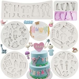 FCKEMLDS Baby Silicone Fondant Cake Mold Baby Shower Theme Cupcake Mold Baby Foot Molds For Baby Birthday Cake Decoration Cupcake Topper Gummy Sugar Chocolate Candy Gum Paste Polymer Clay Set of 6