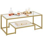 Yaheetech Coffee Table, Tempered Glass Coffee Table with Storage Open Shelf, 2-layer Center Table with Metal Frame for Living Room/Office, Adjustable Feet, Mustard Gold