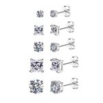 Dochais Sterling Silver Mens Earrings, 5 Pairs Silver 925 Diamond Earrings for Men Women, CZ Round & Square Ear Studs, Cubic Zirconia Earrings Studs Set, Men's Earrings Hypoallergenic 3/5/8mm