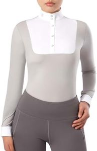 Harrison Howard Women's Equestrian Long Sleeve Riding Top Show Shirt Patchwork Design, Light Grey, Medium