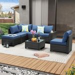 JOYURE 7 Pieces Patio Furniture Set All-Weather Outdoor Wicker Sectional Conversation Sofa Rattan Patio Seating Sofa with Cushion and Glass Table and Ottoman for Porch Poolside,Navy