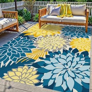 Colorful 9x12 Outdoor Area Rug Washable Multicolored Patio Rug Tropical Botanical Floral Chenille Waterproof Outdoor Carpet Non-Slip for Deck, Backyard, Porch, Ocean Dahlia