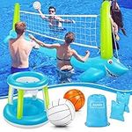 Jojoin Pool Volleyball Set| 120'' Larger Inflatable Pool Float Set Include Volleyball Net & Basketball Hoops Shark Design Swimming Pool Toy Pool Volleyball Game for Kids and Adults (120'' x 43'')