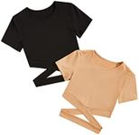 Milumia Girl's 2 Piece Cut Out Crisscross Tee Crop Tops Short Sleeve Round Neck T Shirts Black and Beige