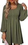 Dokotoo Casual Dresses for Women 2024 Fall Crewneck Long Sleeve Empire Waist Dress Fashion Smocked A-line Flowy Elegant Dresses Green XX-Large