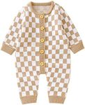 Infant Baby Girl Boy Knitted Sweater Romper Jumpsuit Checkerboard Plaid Print Long Sleeve Button Down Bodysuit, Camel, 3-6 Months