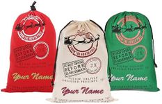 Personalized Drawstring Christmas Sack, 3 Pack, Beige, Green or Red - Add Your Name - Custom Embroidered Santa Canvas Stocking Bags for Kids, Family