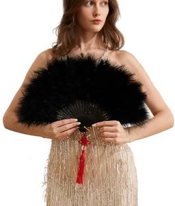 Happy Feather Handheld Marabou Feather Fan, 1920s Vintage Style Flapper Hand Fan for Costume Party and Dancing-Black