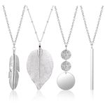 Long Pendant Necklaces for Women Trendy,4 Pcs Boho Style Pendant Necklace Long Sweater Necklaces Set Silver Bar Feather Circle Leaf Lock Tassel Y Necklace Jewelry Set Statement Necklace for Women