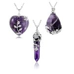 Jovivi 3 Pcs Healing Crystal Necklaces Flower Wrapped Amethyst Crystals Heart Stone Pendant Necklace Natural Reiki Energy Healing Quartz Gemstone Jewelry for Women Men