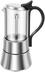 Stovetop Espresso Maker, Stovetop Coffee Makers 120ml/4oz Induction Moka Pot Clear Glass Top Stainless Steel Portable Stovetop Espresso and Coffee Maker for Coffee Home